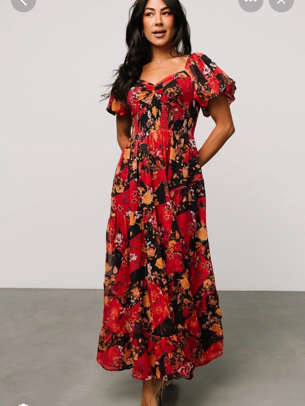 NWT Baltic Born Red and Black Floral Puff-Sleeve Maxi Dress
